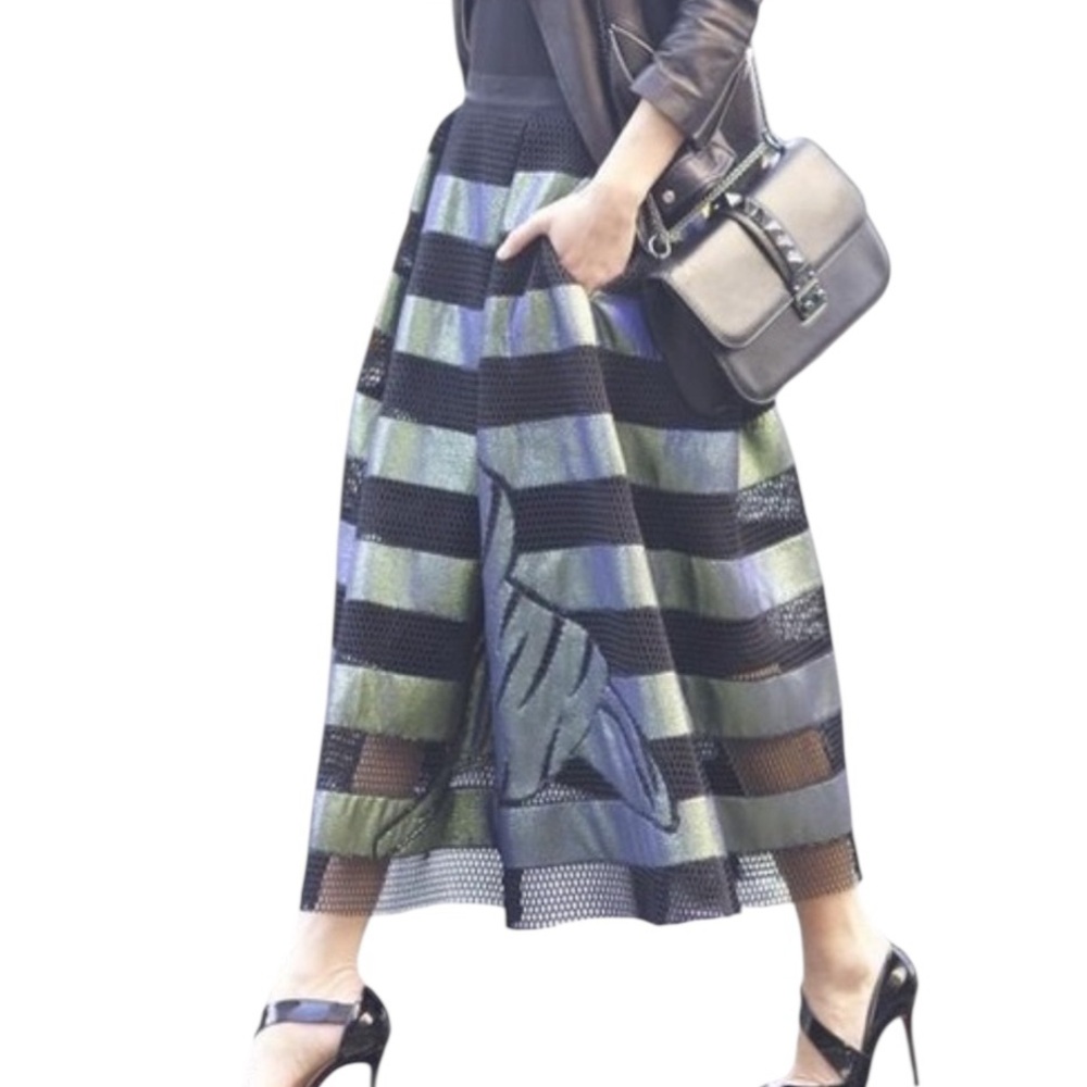 Sachin + Babi Mesh Contrast Iridescent Vegan Leather Floral MIDI Skirt